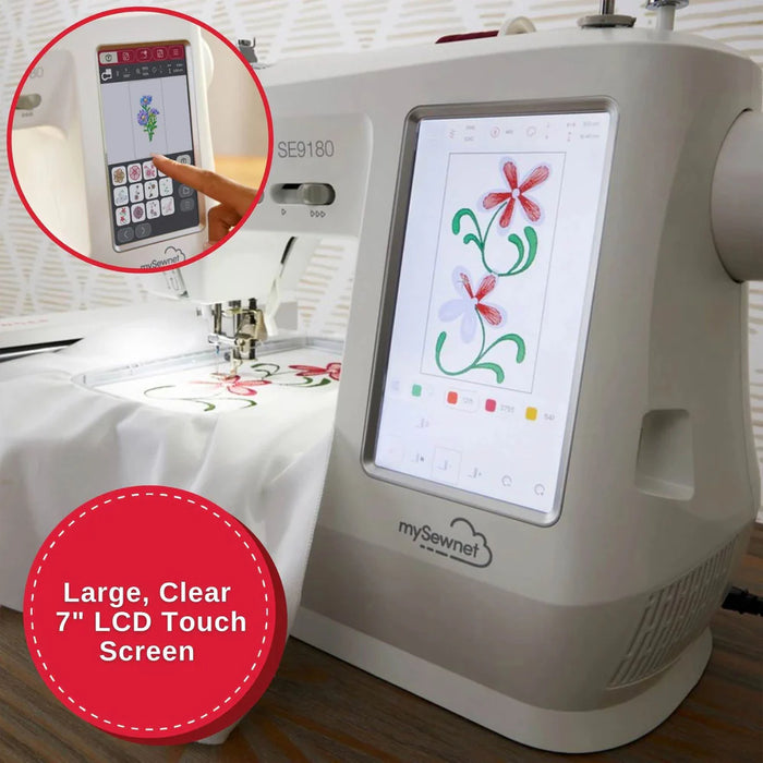 SINGER SE9180 sewing and embroidery machine with large 7-inch LCD touchscreen displaying embroidery design editing controls