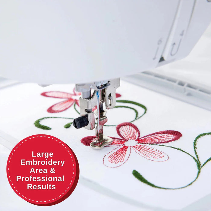 Close-up of SINGER SE9180 embroidery machine stitching floral embroidery design with professional stitch quality