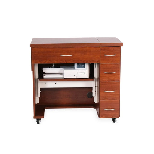 Arrow Alice Sewing Cabinet in Teak 205 with sewing machine stored inside hydraulic lift and drawers closed