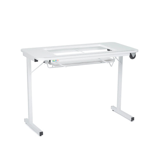 Arrow Gidget II Sewing Table 611 shown with open lift platform and steel frame for sewing machine use.