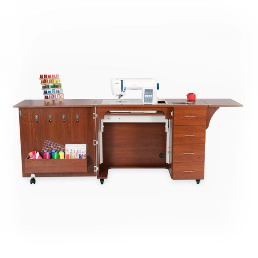 Arrow Harriet Sewing Cabinet in Teak 305 fully opened with sewing machine, embroidery hoop hooks, thread storage, and extended workspace.