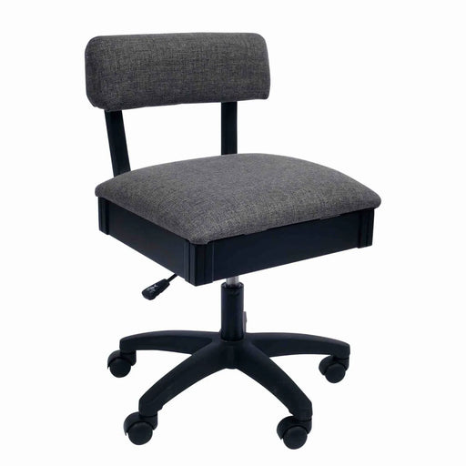 Arrow Lady Gray Hydraulic Sewing Chair – front angle view with gray upholstered seat, ergonomic padded backrest, and height-adjustable swivel base.