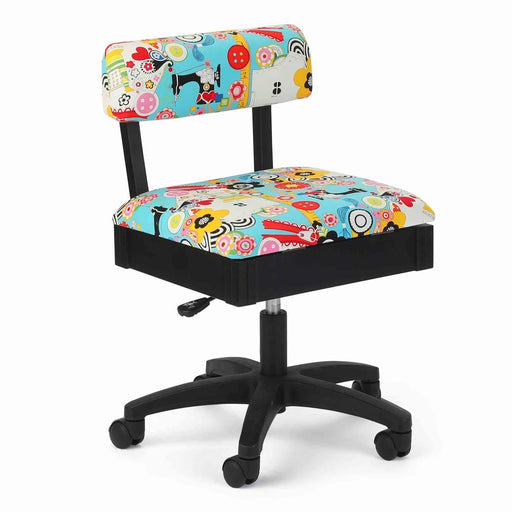 Arrow Sew Wow Hydraulic Sewing Chair – front angle view with colorful sewing-themed upholstery, ergonomic backrest, and height-adjustable swivel base.