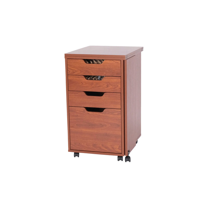 Closed Kangaroo Kiwi Storage Cabinet in Teak K7105 on casters with full drawer stack for sewing and craft organization.