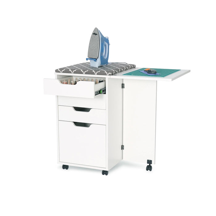 Kangaroo Sewing Furniture Kiwi Cabinet with expanded cutting surface, thread organizer tray, and included ironing board cover and cutting mat in gray finish.