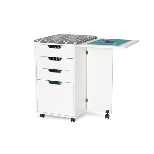 Kangaroo Sewing Furniture Kiwi Storage Cabinet by Arrow Sewing in gray finish with closed drawers, ironing board topper, and fold-out cutting table on casters.