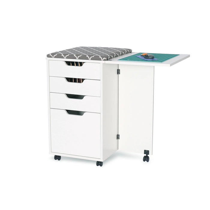 Kangaroo Sewing Furniture Kiwi Storage Cabinet by Arrow Sewing in gray finish with closed drawers, ironing board topper, and fold-out cutting table on casters.