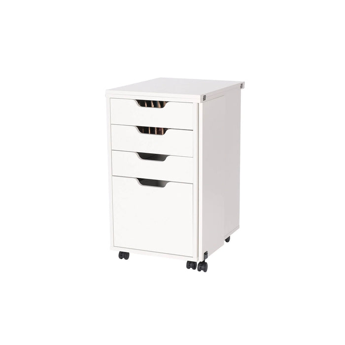 Arrow Sewing Kiwi Storage Cabinet used as an ironing station with iron placed on padded cover, open thread drawer, and fold-out cutting table extension.
