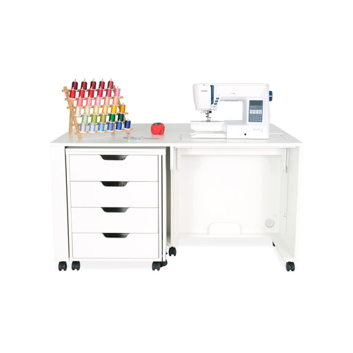 Arrow Laverne & Shirley Sewing Cabinet in Ash White with sewing machine and thread storage displayed on top.
