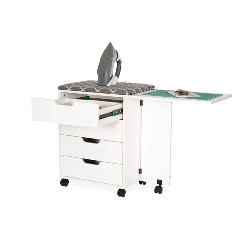 Arrow Shirley Storage Cabinet White 441 with open drawers, built-in ironing board, cutting mat extension, and rolling casters for sewing and crafting organization.
