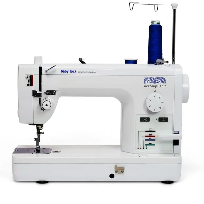 Baby Lock BL530B Accomplish 2 Straight Stitch Sewing Machine front view with thread stand – high-speed quilting and sewing machine.