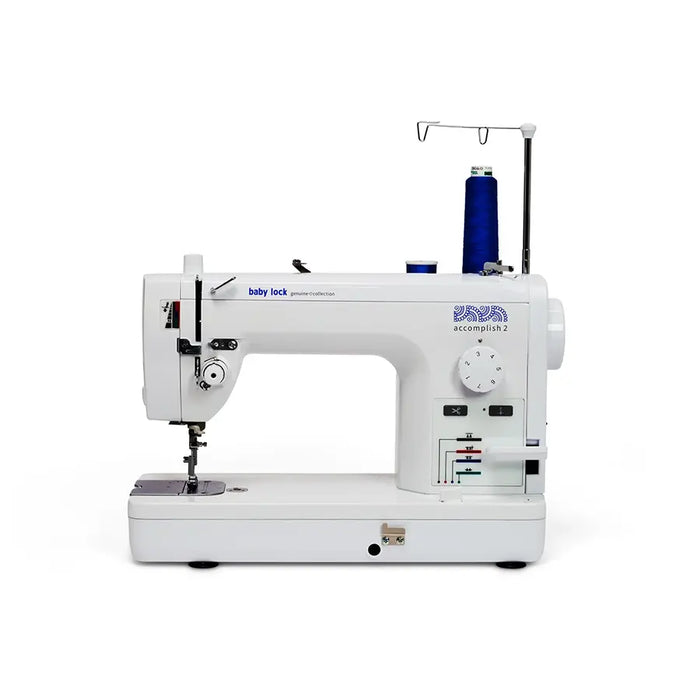 Baby Lock Accomplish 2 BL530B industrial-style straight stitch sewing machine shown with spool stand attached.