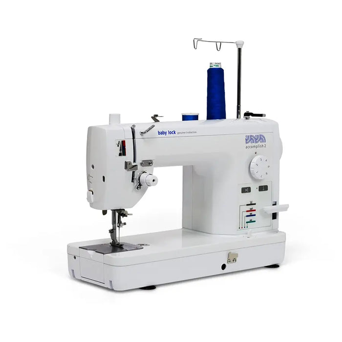 Baby Lock Accomplish 2 BL530B sewing machine side-angle showcasing extended workspace and high-speed stitching design.
