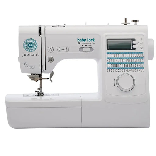 Baby Lock BL80B Jubilant Sewing Machine front view showing stitch options, LCD screen, and sewing workspace.