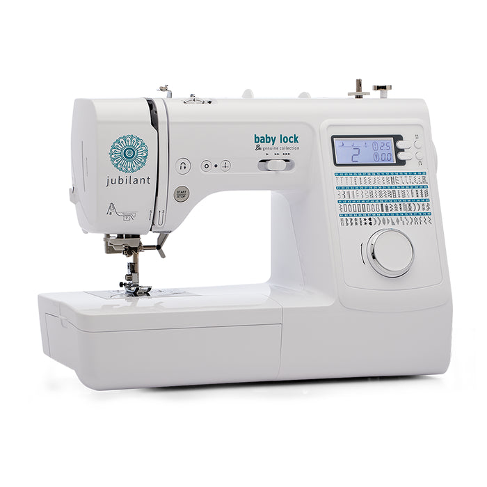 Baby Lock Jubilant BL80B Sewing Machine with illuminated LCD screen showing stitch settings.