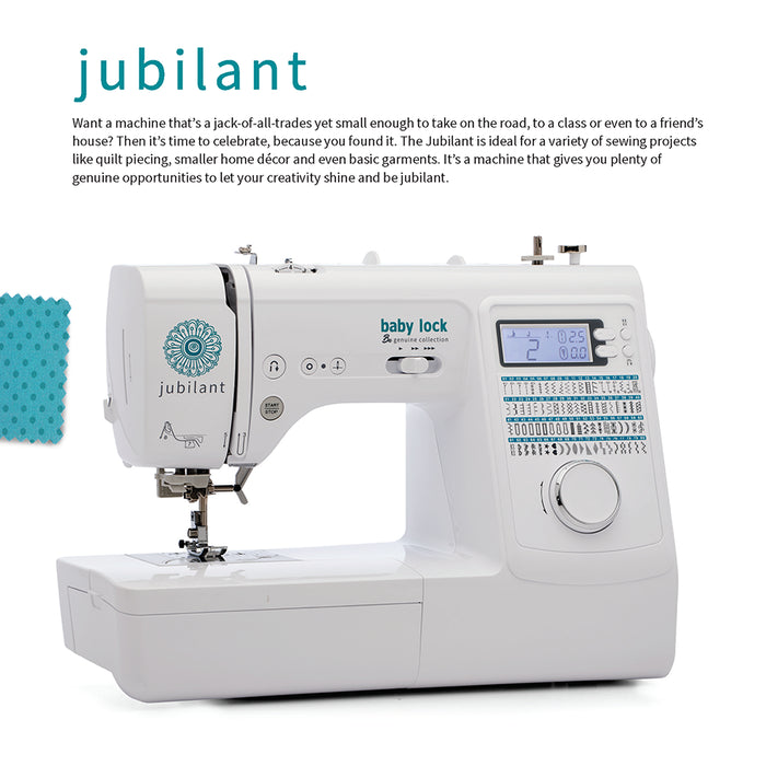 Baby Lock Jubilant Sewing Machine promotional image featuring machine design and stitch chart.