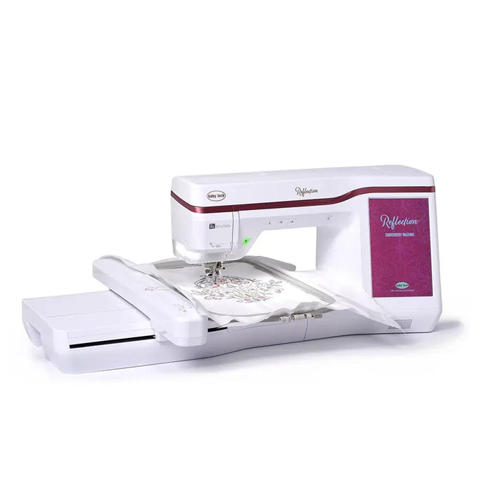 Side view of Baby Lock Reflection BLRT embroidery machine using its oversized hoop to create detailed embroidery patterns.
