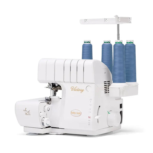 Baby Lock Victory BLS3 Serger angled view showcasing Jet-Air Threading system and four-thread setup for advanced serging.