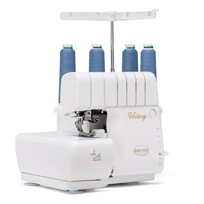 Baby Lock BLS3 Victory Serger machine side angle with threading system visible, high-performance serger for garment construction