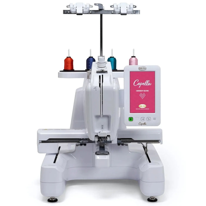 Baby Lock Capella single-needle free-arm embroidery machine front view with touchscreen and four thread spools.