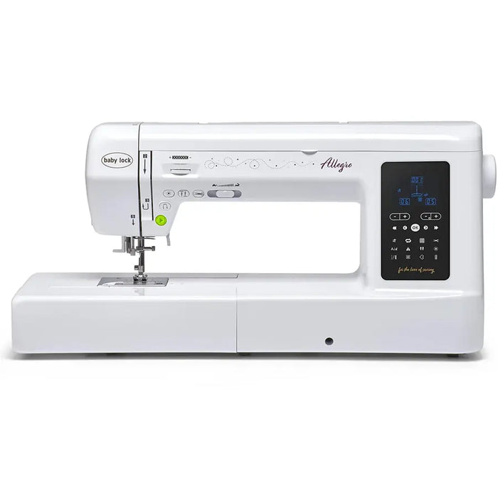 Baby Lock Allegro BLMAG quilting and sewing machine front view with LCD stitch control panel and extended workspace.