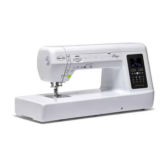 Baby Lock Allegro quilting machine side angle displaying stitch settings screen and extended sewing surface.
