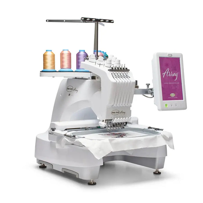 Side view of Baby Lock Array 6-needle embroidery machine with multiple thread spools and embroidery hoop