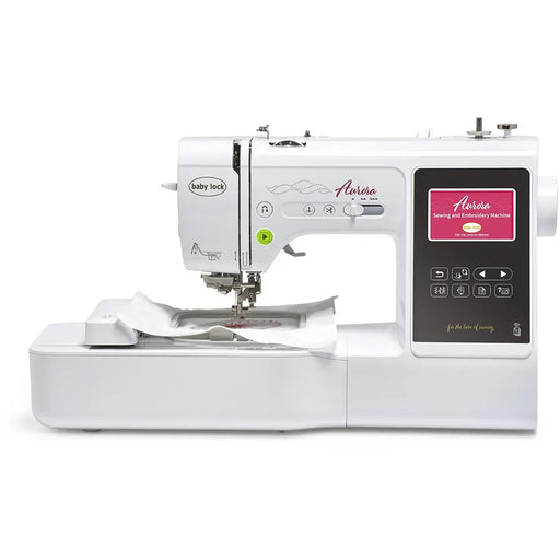 Baby Lock Aurora BLMAR sewing and embroidery machine front view with 4x4 embroidery hoop attached.