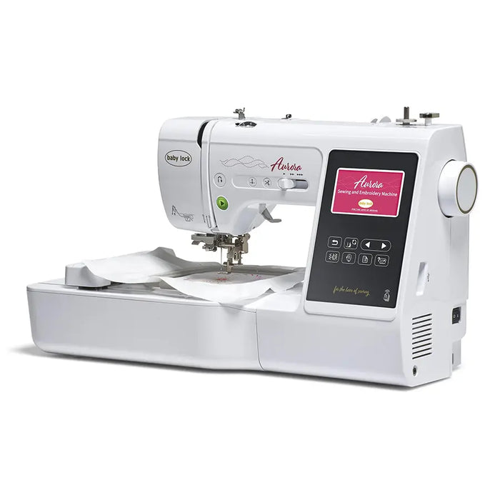 Baby Lock Aurora BLMAR computerized sewing and embroidery machine shown at a right-side angle with embroidery hoop.