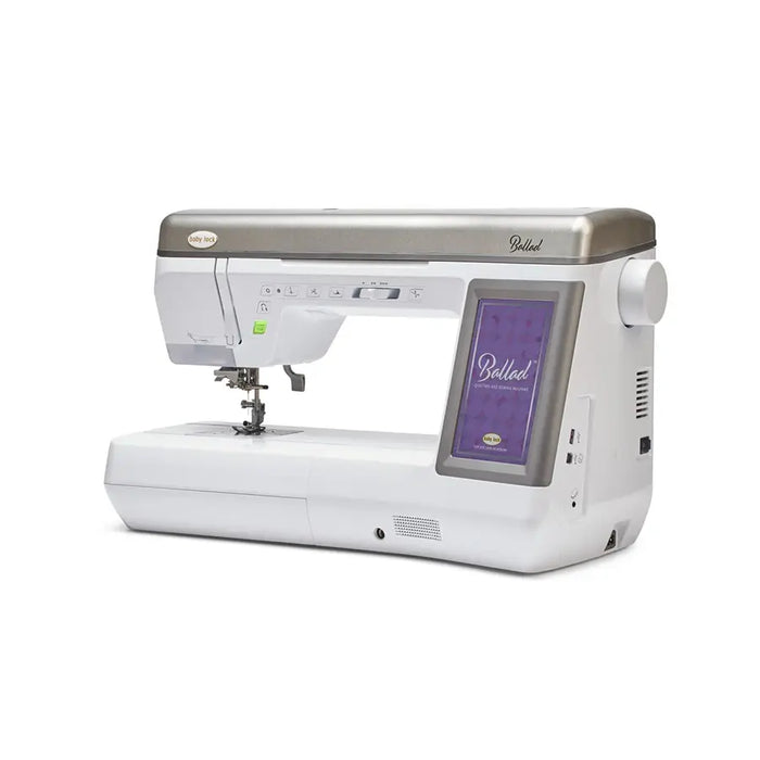 Baby Lock BLBA Ballad quilting machine angled right-side view featuring NeverMiss automatic needle threader and touchscreen.