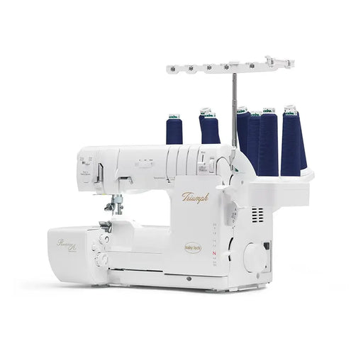 Baby Lock Triumph BLETS8 serger machine angled view with blue thread cones, showcasing advanced threading system and professional serging design.