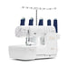 Baby Lock BLETS8 Triumph serger side-angle view highlighting RevolutionAir looper threading and multi-cone thread stand.