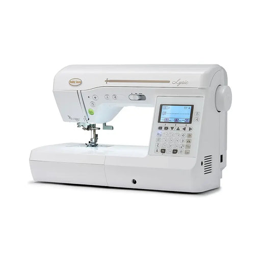 Angled view of the Baby Lock Lyric sewing machine showing needle area and digital stitch selection panel