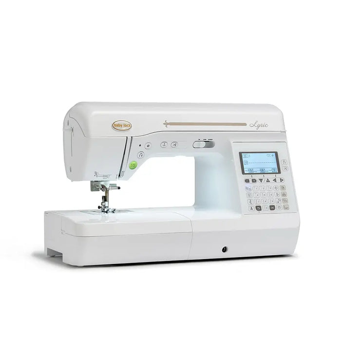 Side perspective of the Baby Lock BLMLR Lyric quilting and sewing machine with extended workspace
