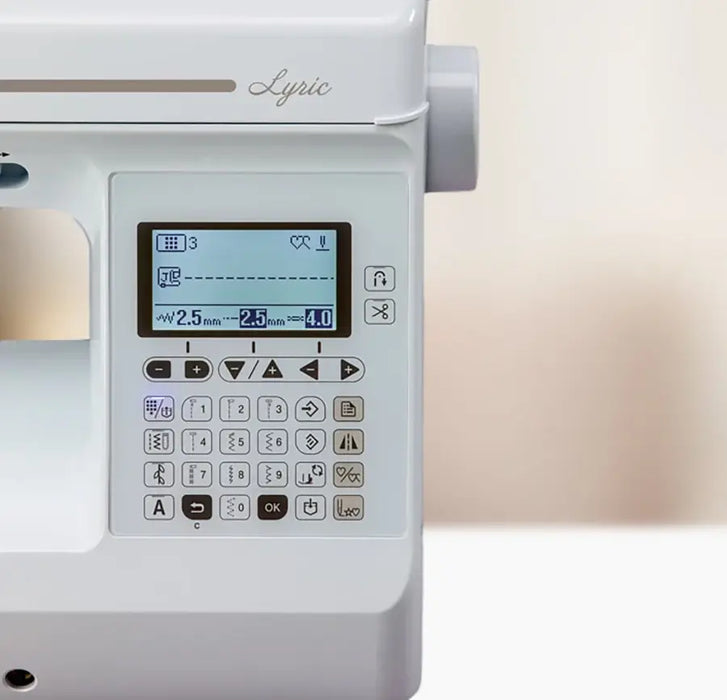 Close-up of Baby Lock Lyric digital control panel and LCD screen with stitch settings displayed