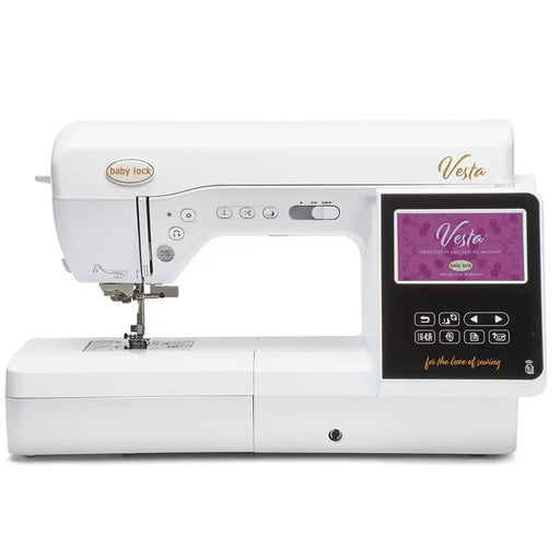 Baby Lock BLMVE Vesta sewing and embroidery machine front view with touchscreen display