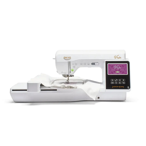 Baby Lock Vesta embroidery machine with extended embroidery arm and hoop attached during stitching