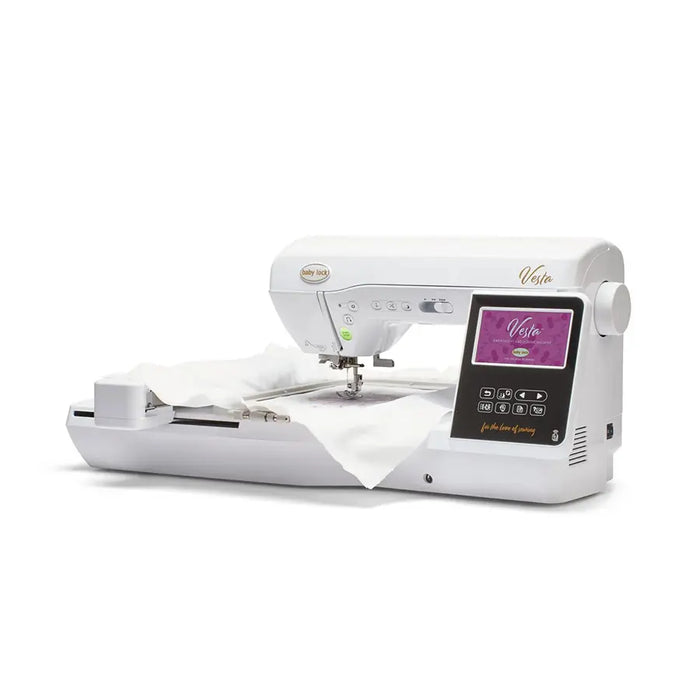 Baby Lock BLMVE Vesta sewing and embroidery machine angled view with embroidery hoop in use