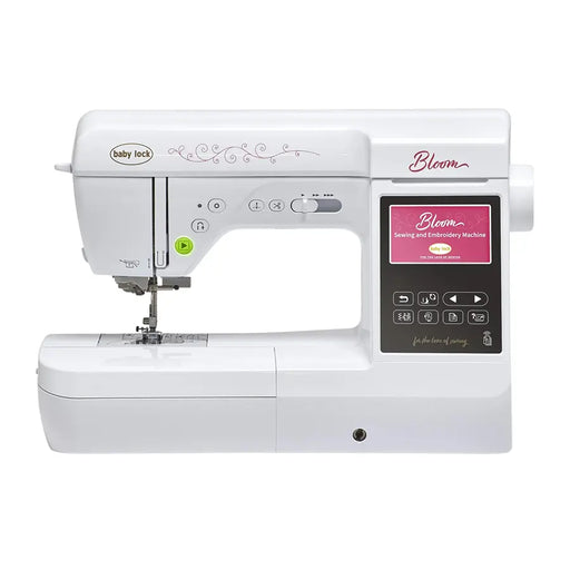Baby Lock Bloom BLMBM sewing and embroidery machine front view with LCD touchscreen and built-in stitch controls.
