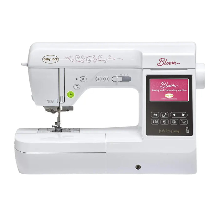 Baby Lock Bloom BLMBM sewing and embroidery machine front view with LCD touchscreen and built-in stitch controls.