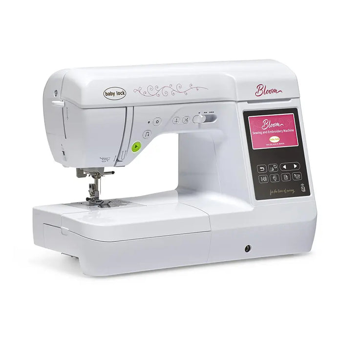 Baby Lock Bloom BLMBM sewing and embroidery machine three-quarter view highlighting advanced embroidery and sewing features.