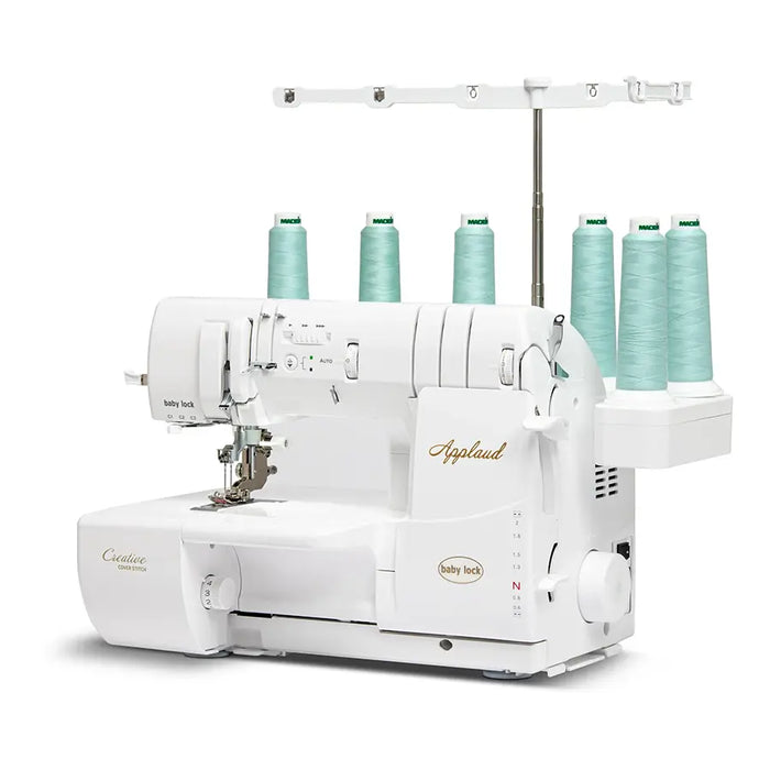 Baby Lock Applaud BLP6 top cover stitch serger angled side view featuring thread stand and professional chain and cover stitch setup.