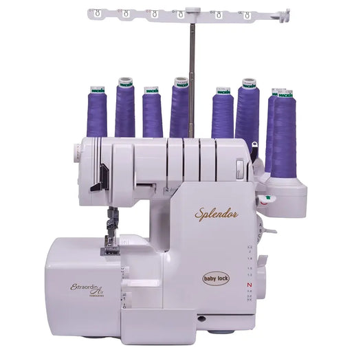 Baby Lock BLSP8 Splendor Serger Machine front view with eight thread cones and ExtraordinAir threading system