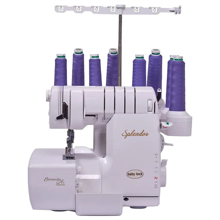 Baby Lock BLSP8 Splendor Serger Machine front view with eight thread cones and ExtraordinAir threading system