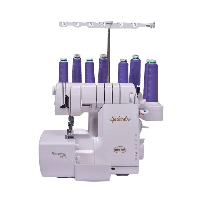 Baby Lock Splendor BLSP8 serger machine front angle showcasing thread stand and multi-thread capabilities