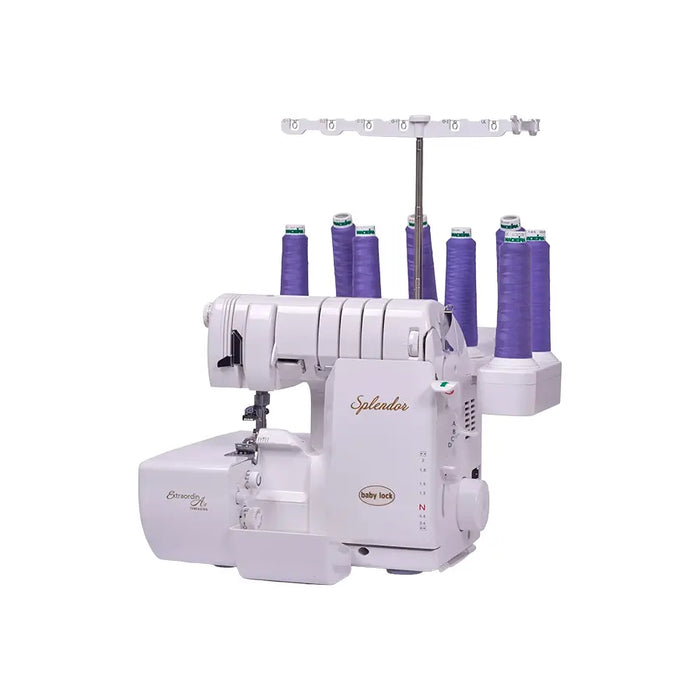 Side angle view of Baby Lock BLSP8 Splendor serger highlighting stitch controls and threading system