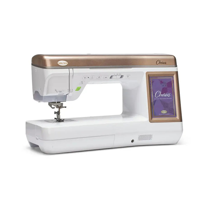 Baby Lock Chorus BLCH sewing and quilting machine side angle highlighting needle area, controls, and spacious work surface