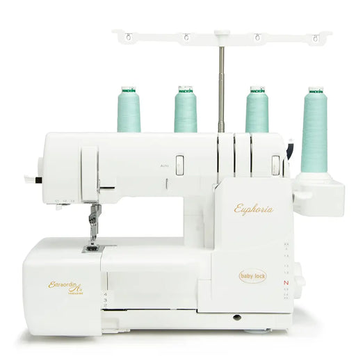 Baby Lock BLC4 Euphoria Cover Stitch Machine front view with four thread cones and ExtraordinAir Threading system