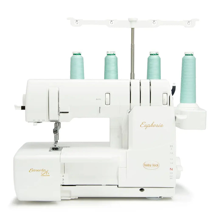 Baby Lock BLC4 Euphoria Cover Stitch Machine front view with four thread cones and ExtraordinAir Threading system