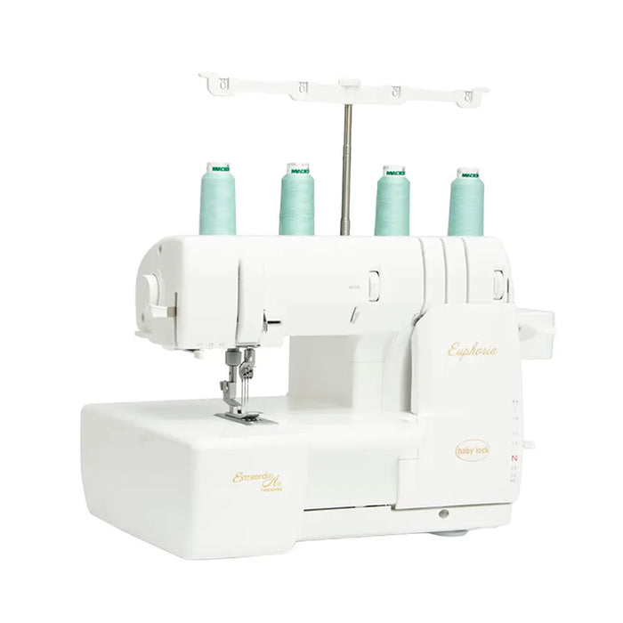 Baby Lock BLC4 Euphoria Cover Stitch Machine left-side angle highlighting needle area and ExtraordinAir Threading feature.